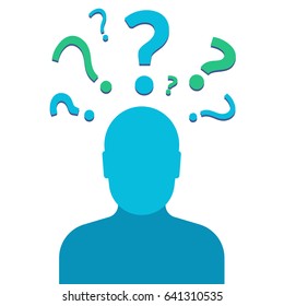 Question marks over man silhouette on white background, colorful flat style vector illustration eps 10