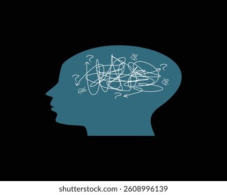 Question marks scattered among the lines enhance the sense of uncertainty or mental chaos. This illustration visually symbolizes concepts related to mental health