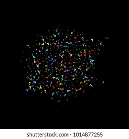 Question marks scattered on black background. Quiz, doubt, poll, survey, faq, interrogation, query background. Multicolored template for opinion poll, public poll. Rainbow color. Vector illustration.