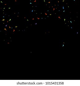 Question marks scattered on black background. Quiz, doubt, poll, survey, faq, interrogation, query background. Multicolored template for opinion poll, public poll. Rainbow color. Vector illustration.