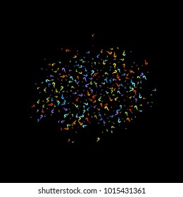 Question marks scattered on black background. Quiz, doubt, poll, survey, faq, interrogation, query background. Multicolored template for opinion poll, public poll. Rainbow color. Vector illustration.