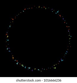 Question marks scattered on black background. Quiz, doubt, poll, survey, faq, interrogation, query background. Multicolored template for opinion poll, public poll. Rainbow color. Vector illustration.