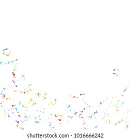 Question marks scattered on black background. Quiz, doubt, poll, survey, faq, interrogation, query background. Multicolored template for opinion poll, public poll. Rainbow color. Vector illustration.
