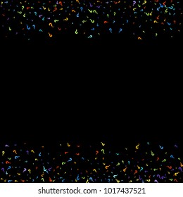 Question marks scattered on black background. Quiz, doubt, poll, survey, faq, interrogation, query background. Multicolored template for opinion poll, public poll. Rainbow color. Vector illustration.