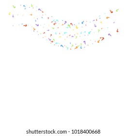 Question marks scattered on black background. Quiz, doubt, poll, survey, faq, interrogation, query background. Multicolored template for opinion poll, public poll. Rainbow color. Vector illustration.