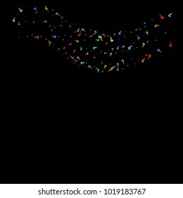 Question marks scattered on black background. Quiz, doubt, poll, survey, faq, interrogation, query background. Multicolored template for opinion poll, public poll. Rainbow color. Vector illustration.