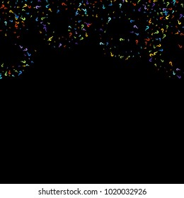 Question marks scattered on black background. Quiz, doubt, poll, survey, faq, interrogation, query background. Multicolored template for opinion poll, public poll. Rainbow color. Vector illustration.