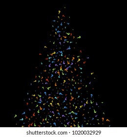 Question marks scattered on black background. Quiz, doubt, poll, survey, faq, interrogation, query background. Multicolored template for opinion poll, public poll. Rainbow color. Vector illustration.
