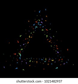 Question marks scattered on black background. Quiz, doubt, poll, survey, faq, interrogation, query background. Multicolored template for opinion poll, public poll. Rainbow color. Vector illustration.