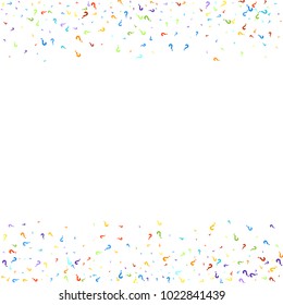 Question marks scattered on black background. Quiz, doubt, poll, survey, faq, interrogation, query background. Multicolored template for opinion poll, public poll. Rainbow color. Vector illustration.