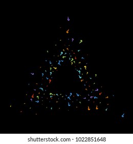 Question marks scattered on black background. Quiz, doubt, poll, survey, faq, interrogation, query background. Multicolored template for opinion poll, public poll. Rainbow color. Vector illustration.