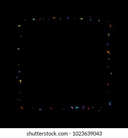 Question marks scattered on black background. Quiz, doubt, poll, survey, faq, interrogation, query background. Multicolored template for opinion poll, public poll. Rainbow color. Vector illustration.
