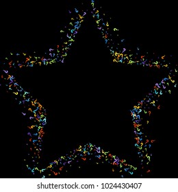 Question marks scattered on black background. Quiz, doubt, poll, survey, faq, interrogation, query background. Multicolored template for opinion poll, public poll. Rainbow color. Vector illustration.