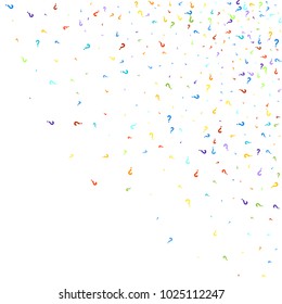 Question marks scattered on black background. Quiz, doubt, poll, survey, faq, interrogation, query background. Multicolored template for opinion poll, public poll. Rainbow color. Vector illustration.