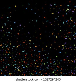 Question marks scattered on black background. Quiz, doubt, poll, survey, faq, interrogation, query background. Multicolored template for opinion poll, public poll. Rainbow color. Vector illustration.