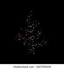 Question marks scattered on black background. Quiz, doubt, poll, survey, faq, interrogation, query background. Multicolored template for opinion poll, public poll. Rainbow color. Vector illustration.