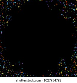 Question marks scattered on black background. Quiz, doubt, poll, survey, faq, interrogation, query background. Multicolored template for opinion poll, public poll. Rainbow color. Vector illustration.