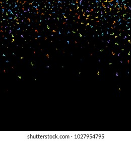 Question marks scattered on black background. Quiz, doubt, poll, survey, faq, interrogation, query background. Multicolored template for opinion poll, public poll. Rainbow color. Vector illustration.