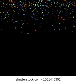 Question marks scattered on black background. Quiz, doubt, poll, survey, faq, interrogation, query background. Multicolored template for opinion poll, public poll. Rainbow color. Vector illustration.