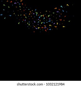Question marks scattered on black background. Quiz, doubt, poll, survey, faq, interrogation, query background. Multicolored template for opinion poll, public poll. Rainbow color. Vector illustration.