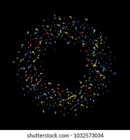 Question marks scattered on black background. Quiz, doubt, poll, survey, faq, interrogation, query background. Multicolored template for opinion poll, public poll. Rainbow color. Vector illustration.