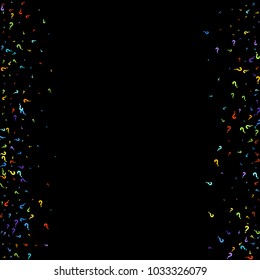 Question marks scattered on black background. Quiz, doubt, poll, survey, faq, interrogation, query background. Multicolored template for opinion poll, public poll. Rainbow color. Vector illustration.