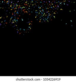 Question marks scattered on black background. Quiz, doubt, poll, survey, faq, interrogation, query background. Multicolored template for opinion poll, public poll. Rainbow color. Vector illustration.