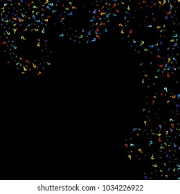Question marks scattered on black background. Quiz, doubt, poll, survey, faq, interrogation, query background. Multicolored template for opinion poll, public poll. Rainbow color. Vector illustration.