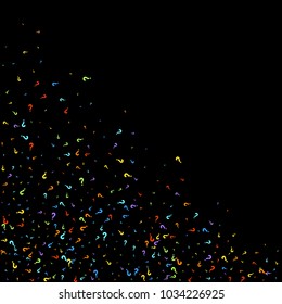 Question marks scattered on black background. Quiz, doubt, poll, survey, faq, interrogation, query background. Multicolored template for opinion poll, public poll. Rainbow color. Vector illustration.