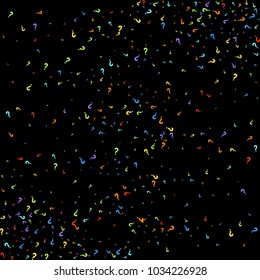 Question marks scattered on black background. Quiz, doubt, poll, survey, faq, interrogation, query background. Multicolored template for opinion poll, public poll. Rainbow color. Vector illustration.