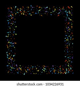 Question marks scattered on black background. Quiz, doubt, poll, survey, faq, interrogation, query background. Multicolored template for opinion poll, public poll. Rainbow color. Vector illustration.