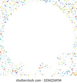 Question marks scattered on black background. Quiz, doubt, poll, survey, faq, interrogation, query background. Multicolored template for opinion poll, public poll. Rainbow color. Vector illustration.
