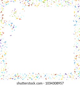 Question marks scattered on black background. Quiz, doubt, poll, survey, faq, interrogation, query background. Multicolored template for opinion poll, public poll. Rainbow color. Vector illustration.