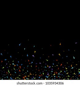 Question marks scattered on black background. Quiz, doubt, poll, survey, faq, interrogation, query background. Multicolored template for opinion poll, public poll. Rainbow color. Vector illustration.