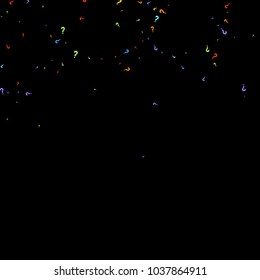 Question marks scattered on black background. Quiz, doubt, poll, survey, faq, interrogation, query background. Multicolored template for opinion poll, public poll. Rainbow color. Vector illustration.