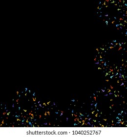 Question marks scattered on black background. Quiz, doubt, poll, survey, faq, interrogation, query background. Multicolored template for opinion poll, public poll. Rainbow color. Vector illustration.