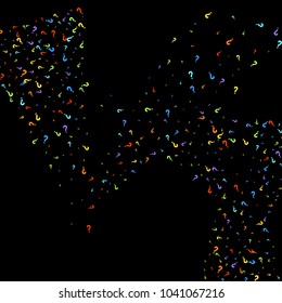 Question marks scattered on black background. Quiz, doubt, poll, survey, faq, interrogation, query background. Multicolored template for opinion poll, public poll. Rainbow color. Vector illustration.