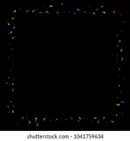 Question marks scattered on black background. Quiz, doubt, poll, survey, faq, interrogation, query background. Multicolored template for opinion poll, public poll. Rainbow color. Vector illustration.