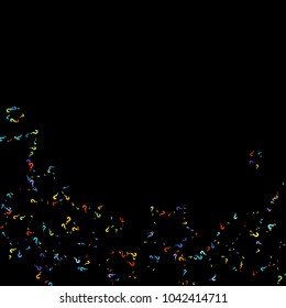 Question marks scattered on black background. Quiz, doubt, poll, survey, faq, interrogation, query background. Multicolored template for opinion poll, public poll. Rainbow color. Vector illustration.