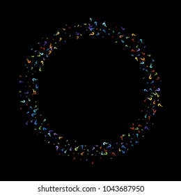 Question marks scattered on black background. Quiz, doubt, poll, survey, faq, interrogation, query background. Multicolored template for opinion poll, public poll. Rainbow color. Vector illustration.