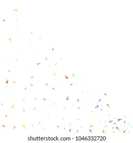 Question marks scattered on black background. Quiz, doubt, poll, survey, faq, interrogation, query background. Multicolored template for opinion poll, public poll. Rainbow color. Vector illustration.