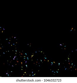 Question marks scattered on black background. Quiz, doubt, poll, survey, faq, interrogation, query background. Multicolored template for opinion poll, public poll. Rainbow color. Vector illustration.