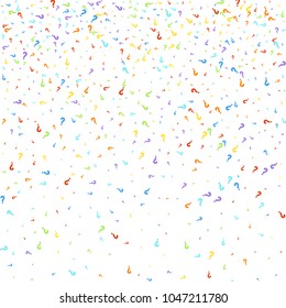 Question marks scattered on black background. Multicolored template for opinion poll, public poll. Rainbow color. Vector illustration.