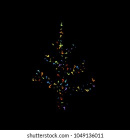 Question marks scattered on black background. Quiz, doubt, poll, survey, faq, interrogation, query background. Multicolored template for opinion poll, public poll. Rainbow color. Vector illustration.