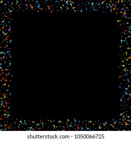 Question marks scattered on black background. Quiz, doubt, poll, survey, faq, interrogation, query background. Multicolored template for opinion poll, public poll. Rainbow color. Vector illustration.