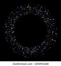 Question marks scattered on black background. Multicolored template for opinion poll, public poll. Rainbow color. Vector illustration.