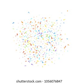 Question marks scattered on black background. Quiz, doubt, poll, survey, faq, interrogation, query background. Multicolored template for opinion poll, public poll. Rainbow color. Vector illustration.