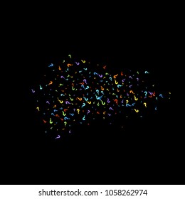 Question marks scattered on black background. Quiz, doubt, poll, survey, faq, interrogation, query background. Multicolored template for opinion poll, public poll. Rainbow color. Vector illustration.