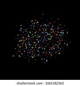 Question marks scattered on black background. Quiz, doubt, poll, survey, faq, interrogation, query background. Multicolored template for opinion poll, public poll. Rainbow color. Vector illustration.