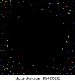 Question marks scattered on black background. Quiz, doubt, poll, survey, faq, interrogation, query background. Multicolored template for opinion poll, public poll. Rainbow color. Vector illustration.